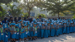 Potret siswa Kindy-2 dan Grade 1 berbaris di lapangan paving untuk mengikuti Upacara Pembukaan Tahun Ajaran